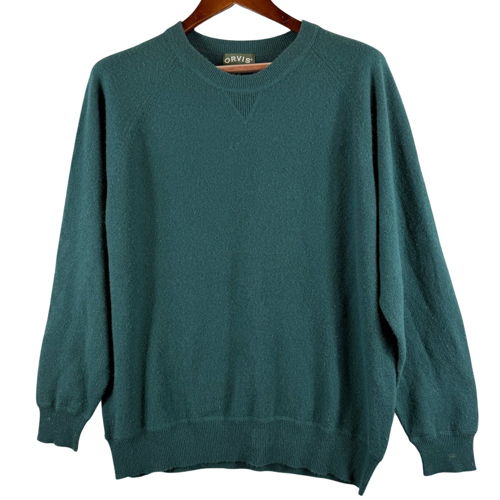 VINTAGE Orvis Men's L Wool Cashmere Sweater Hunter Green Crewneck Pullover Y2K